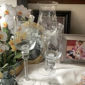 3 hurricane goblets etched glass. 1990’s